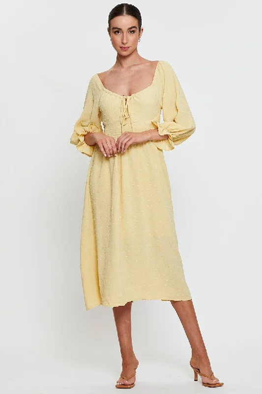 Set claret dress-Yellow Maxi Dress Long Sleeve V Neck