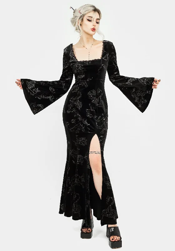 Frayed grunge dress-Zodiac Foil Print Velour Flute Sleeve Maxi Gown